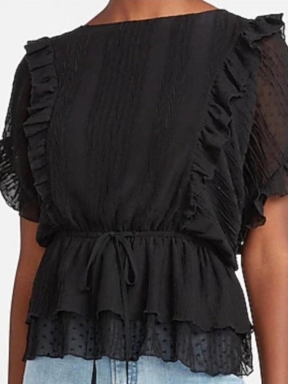 Express black frilly short sleeve blouse with waist cinch